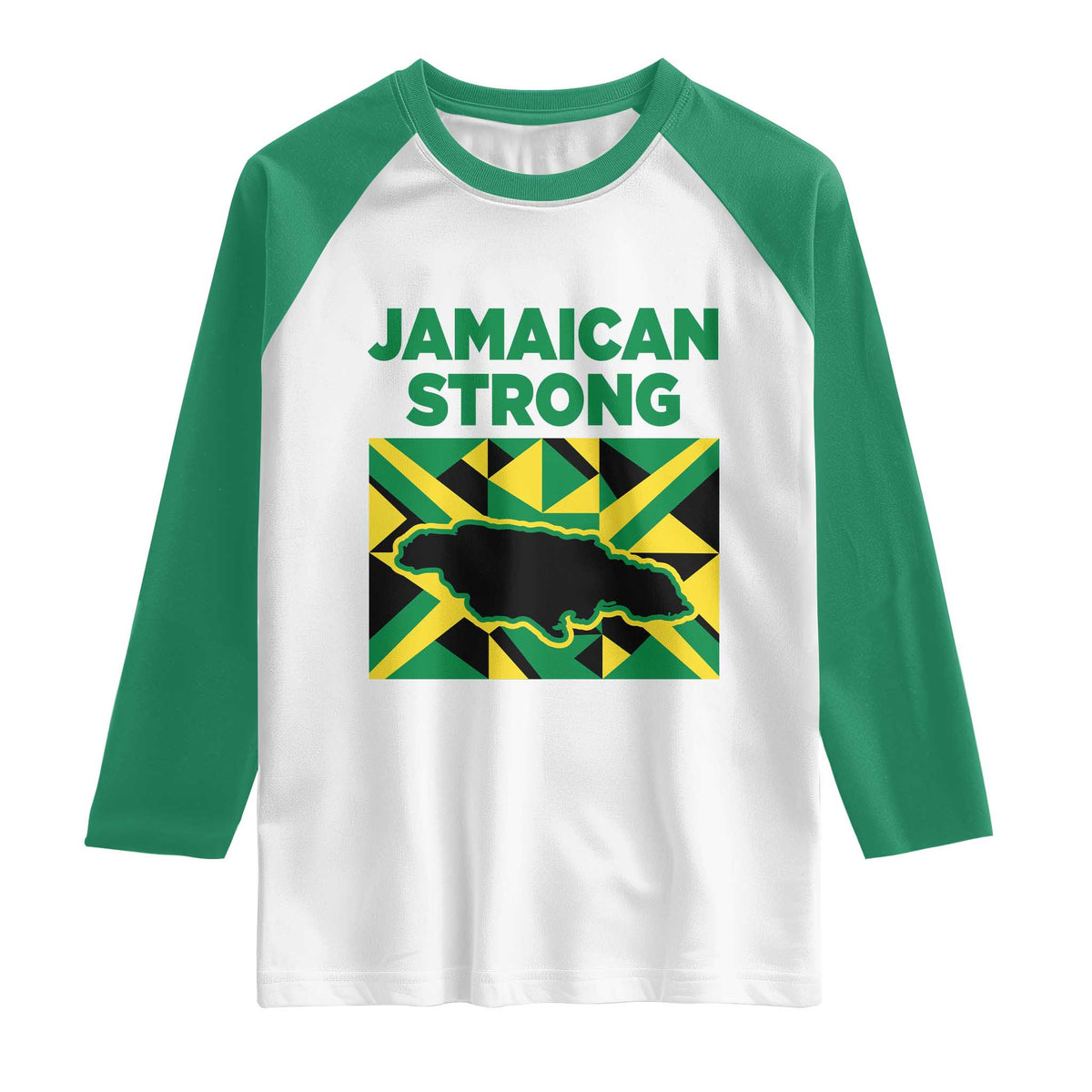 Jamaican Strong Resilience Geometric Flag Raglan Shirt Abstract Island Map and Heritage