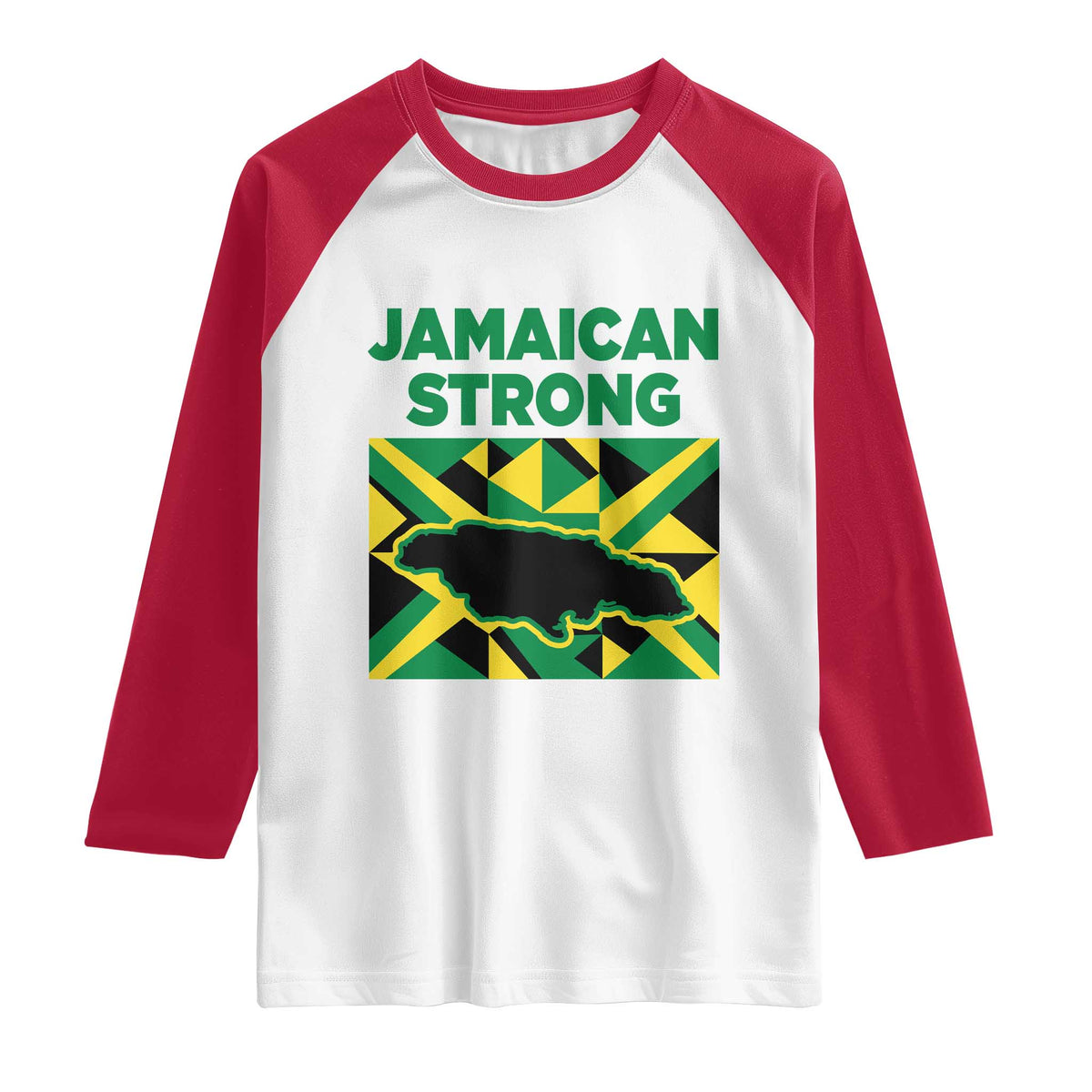 Jamaican Strong Resilience Geometric Flag Raglan Shirt Abstract Island Map and Heritage