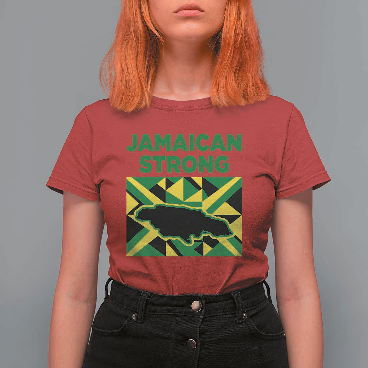 Jamaican Strong Resilience Geometric Flag T Shirt For Women Abstract Island Map and Heritage