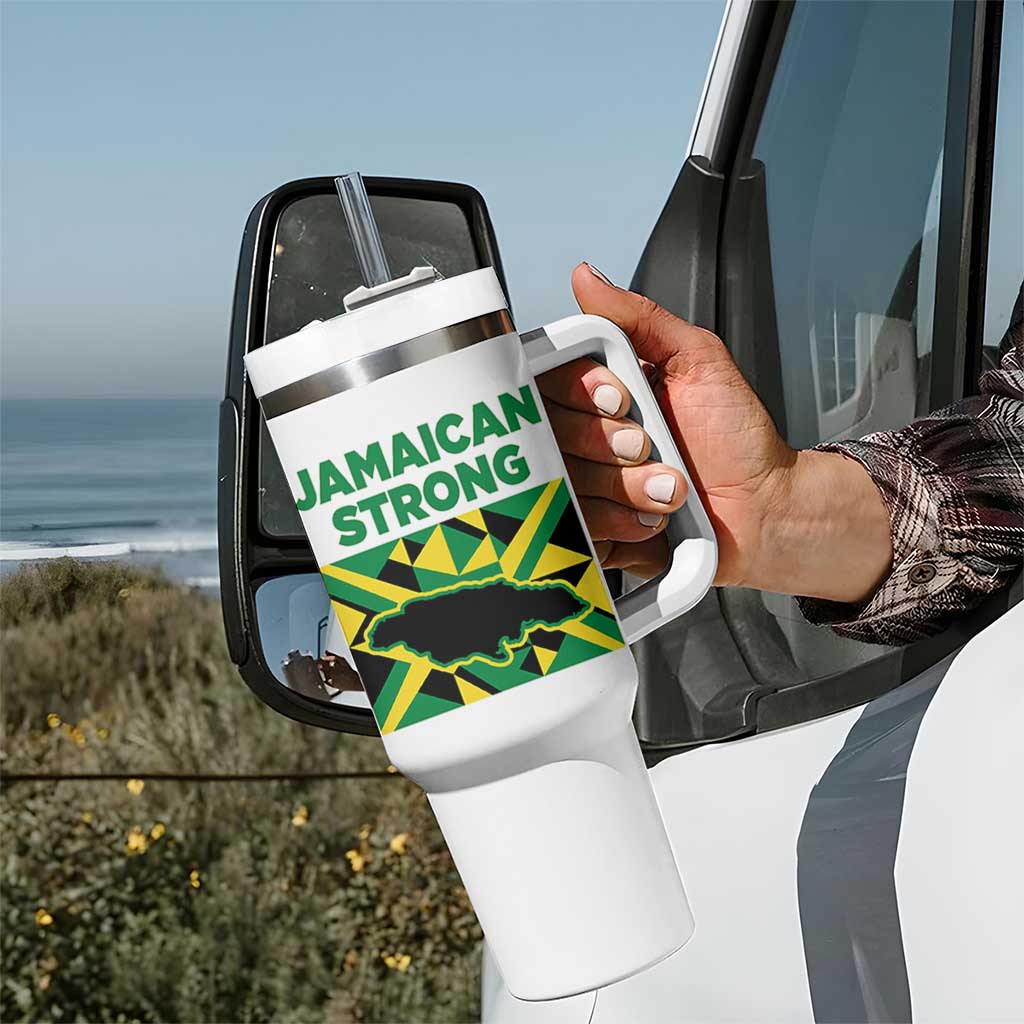 Jamaican Strong Resilience Geometric Flag Tumbler With Handle Abstract Island Map and Heritage
