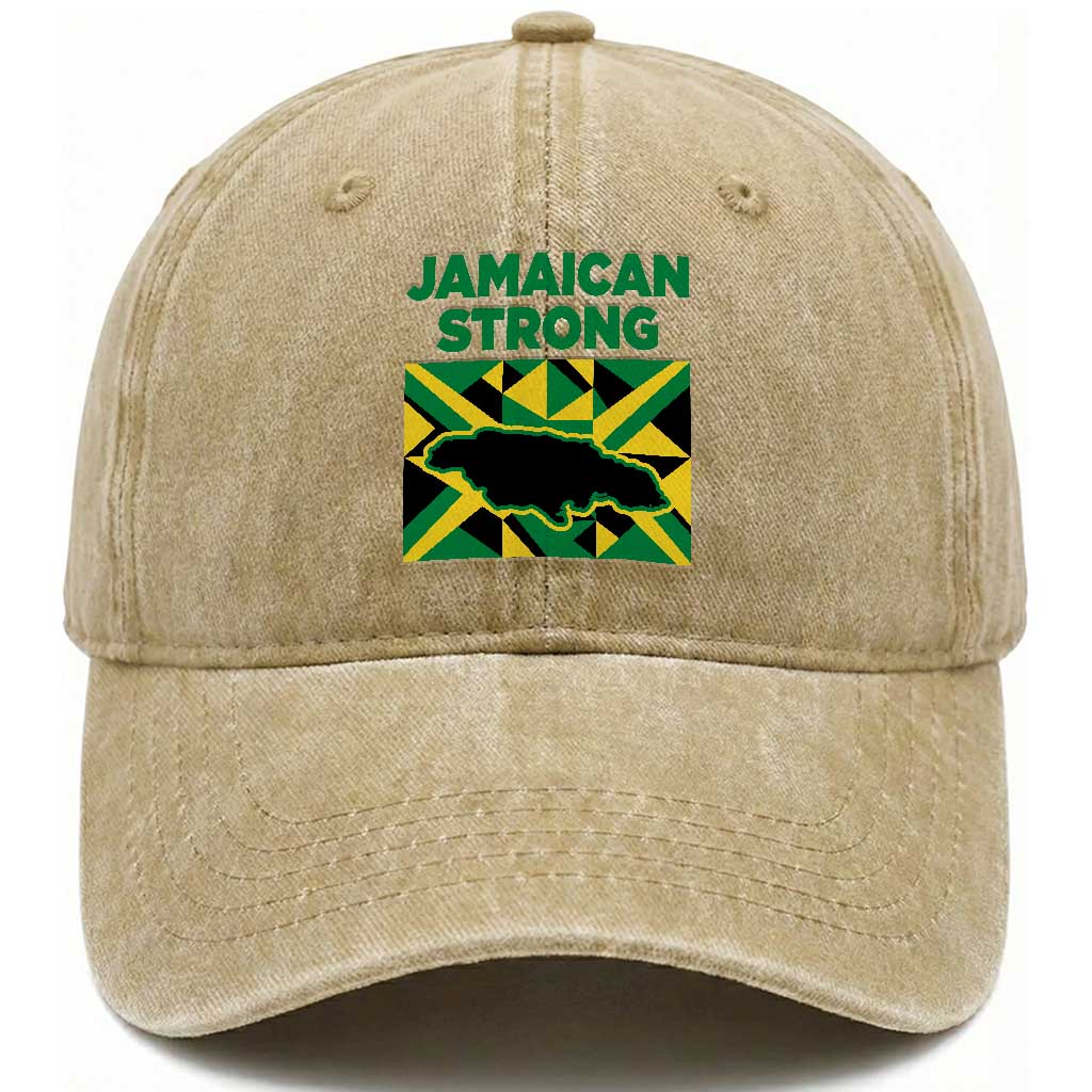 Jamaican Strong Resilience Geometric Flag Washed Cotton Baseball Cap Abstract Island Map and Heritage