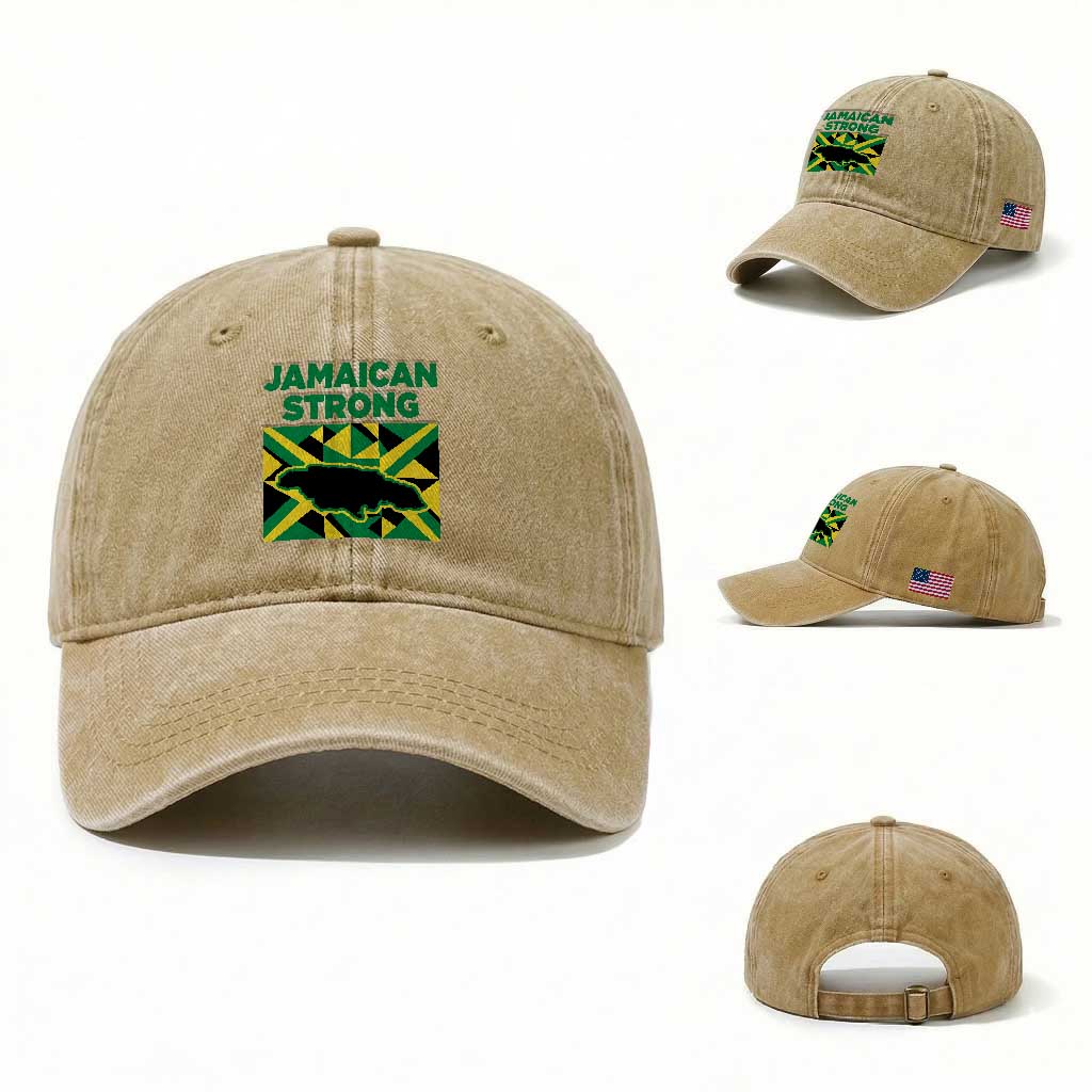 Jamaican Strong Resilience Geometric Flag Washed Cotton Baseball Cap Abstract Island Map and Heritage