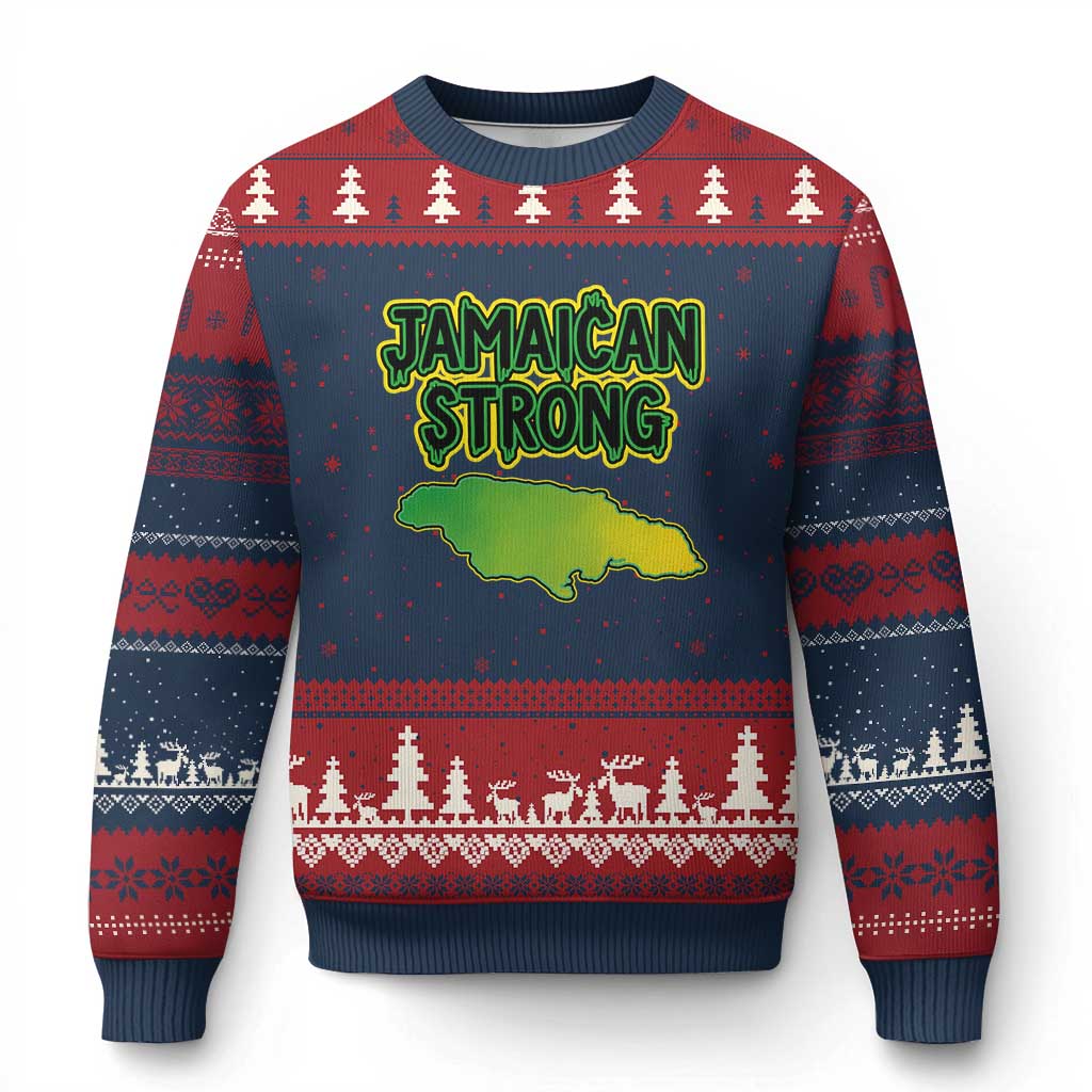 Jamaican Strong Resilience Graphic Ugly Christmas Sweater Caribbean Island Map Silhouette