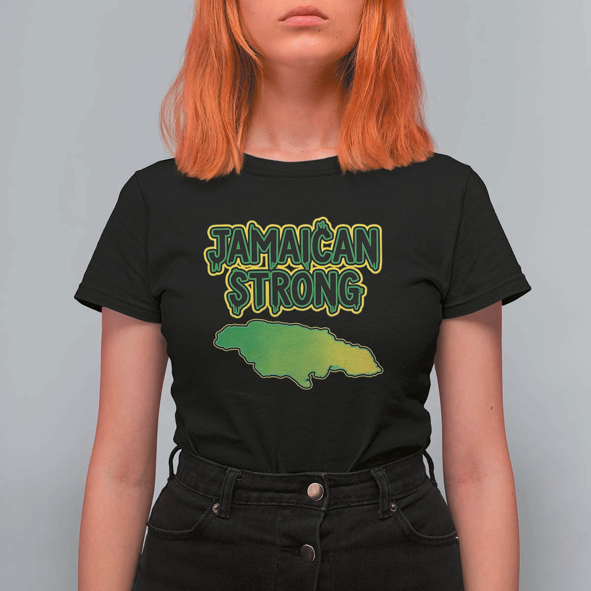 Jamaican Strong Resilience Graphic T Shirt For Women Caribbean Island Map Silhouette