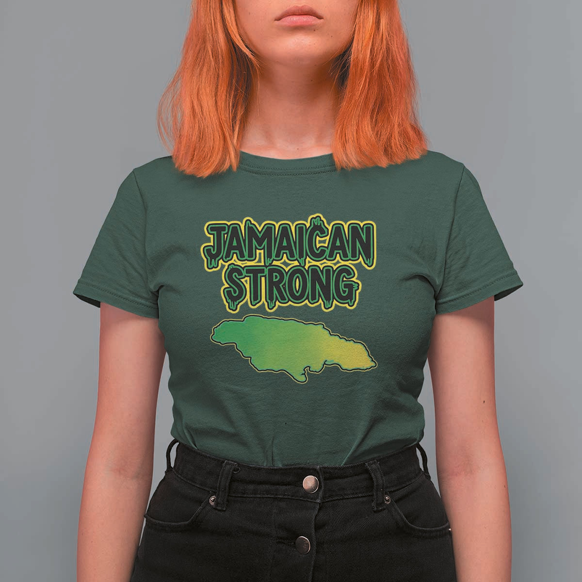 Jamaican Strong Resilience Graphic T Shirt For Women Caribbean Island Map Silhouette
