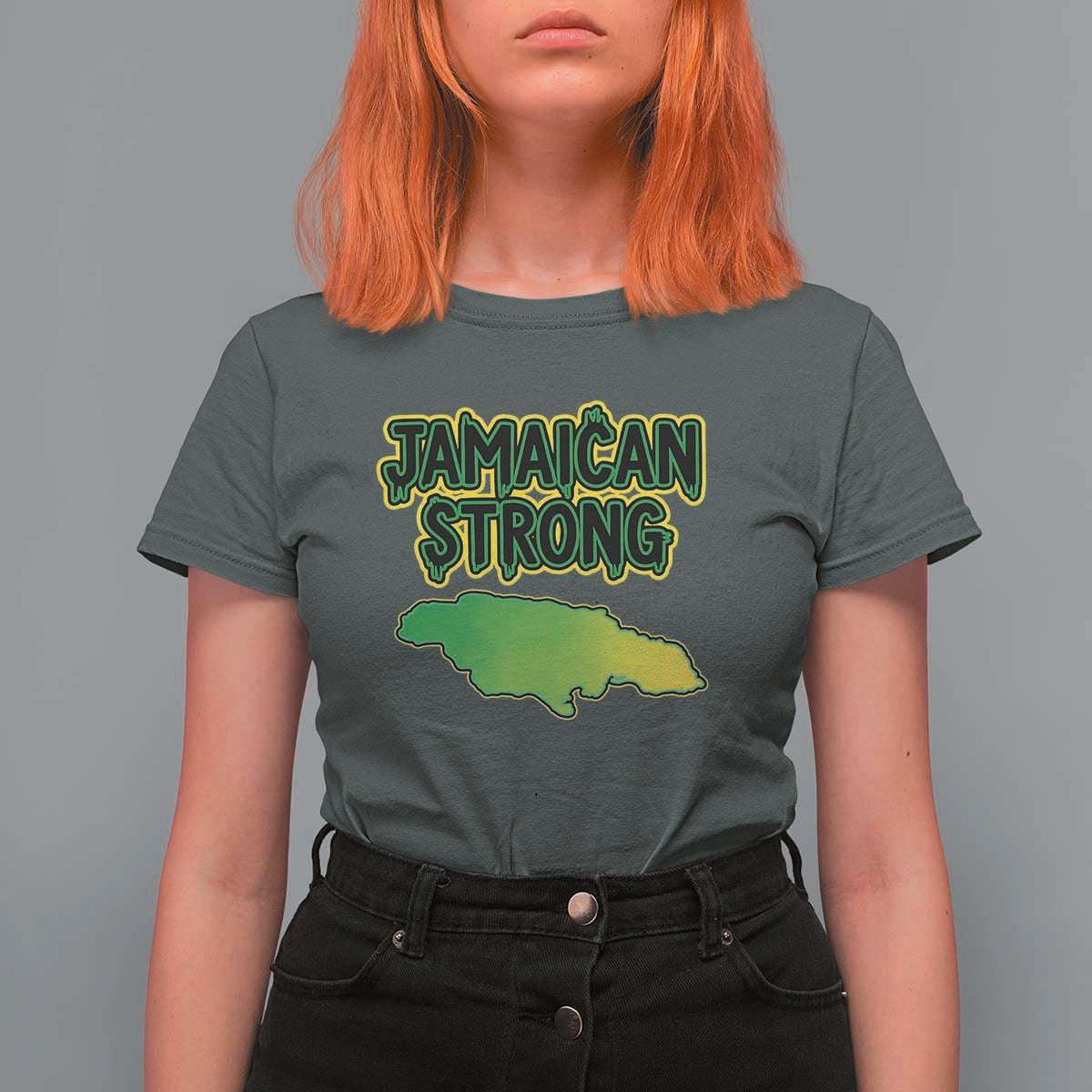 Jamaican Strong Resilience Graphic T Shirt For Women Caribbean Island Map Silhouette