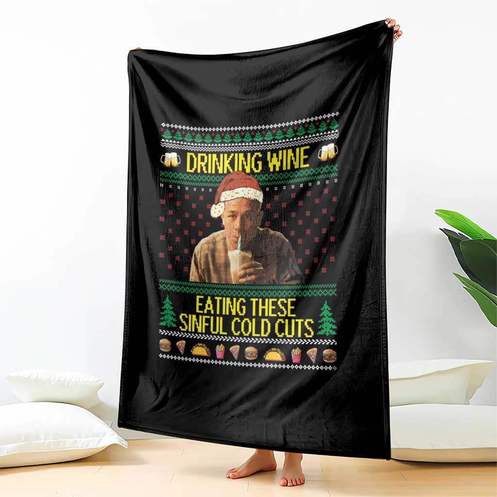 Funny Ed Gein Christmas Meme Throw Blanket Drinking Wine Eating This Sinful Cold Cuts Viral Scene - Wonder Print Shop