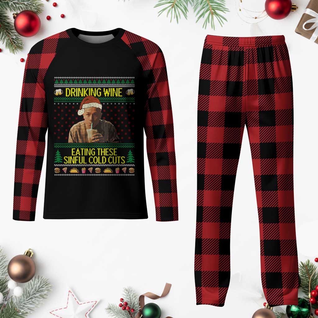 Funny Ed Gein Christmas Meme Plaid Pajama Set Drinking Wine Eating This Sinful Cold Cuts Viral Scene - Wonder Print Shop