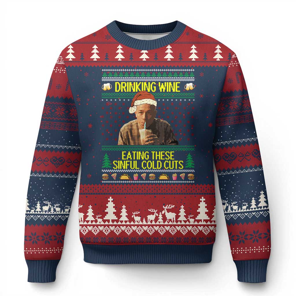 Funny Ed Gein Christmas Meme Ugly Christmas Sweater Drinking Wine Eating This Sinful Cold Cuts Viral Scene - Wonder Print Shop