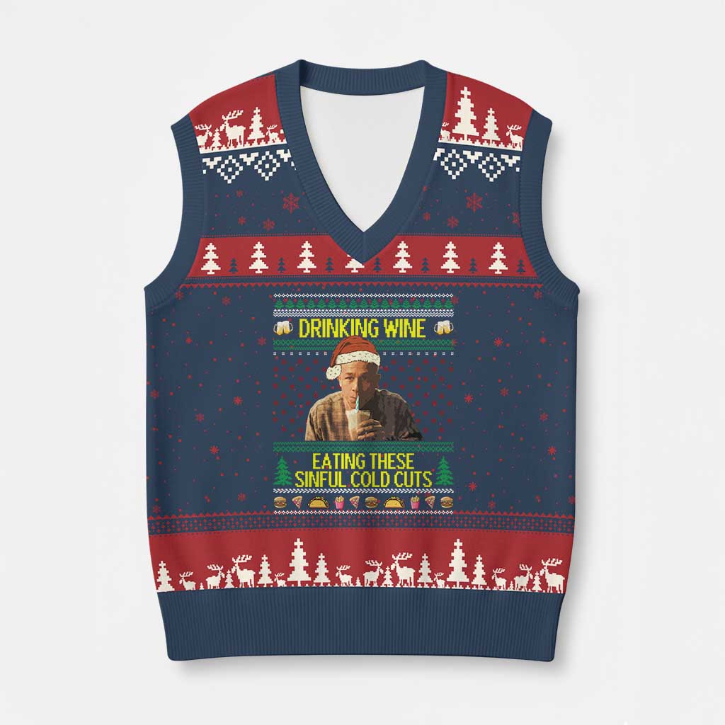 Funny Ed Gein Christmas Meme V-Neck Knit Sweater Vest Drinking Wine Eating This Sinful Cold Cuts Viral Scene - Wonder Print Shop