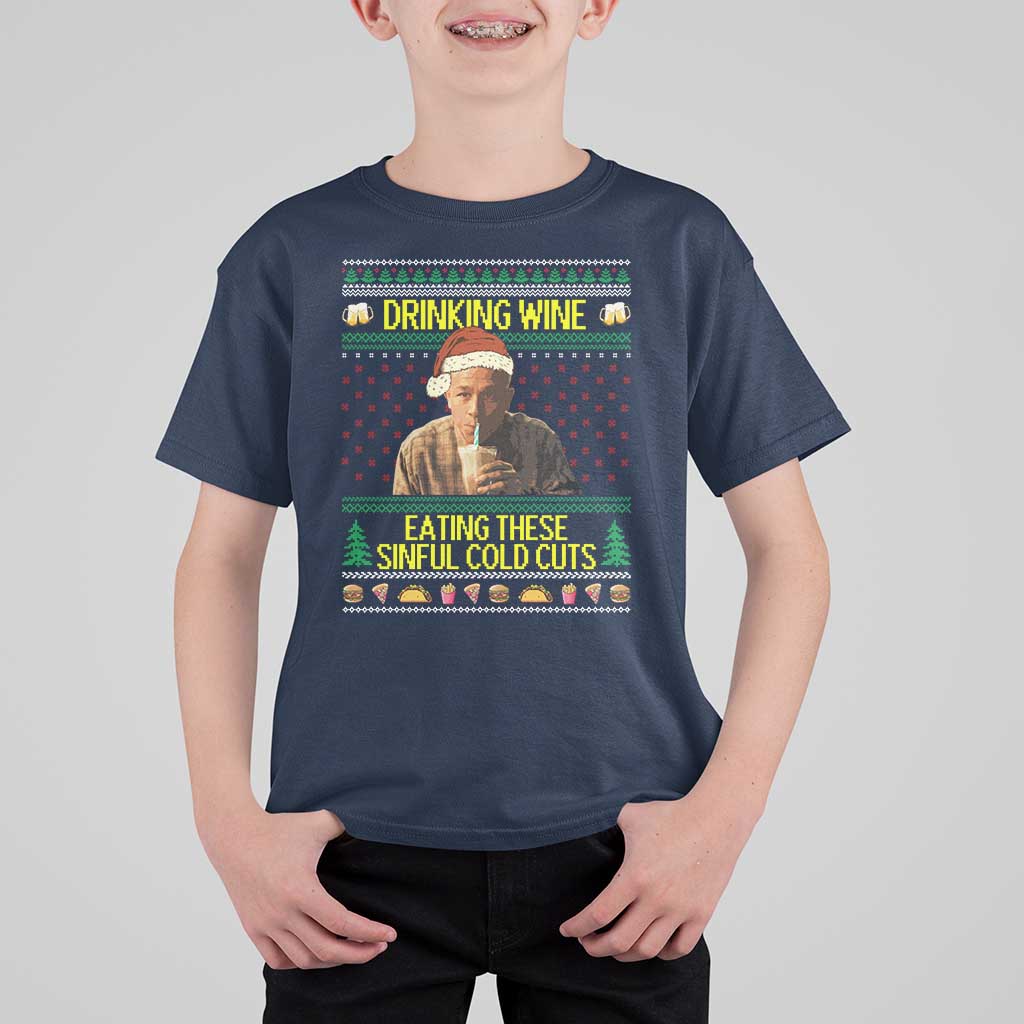 Funny Ed Gein Christmas Meme T Shirt For Kid Drinking Wine Eating This Sinful Cold Cuts Viral Scene - Wonder Print Shop