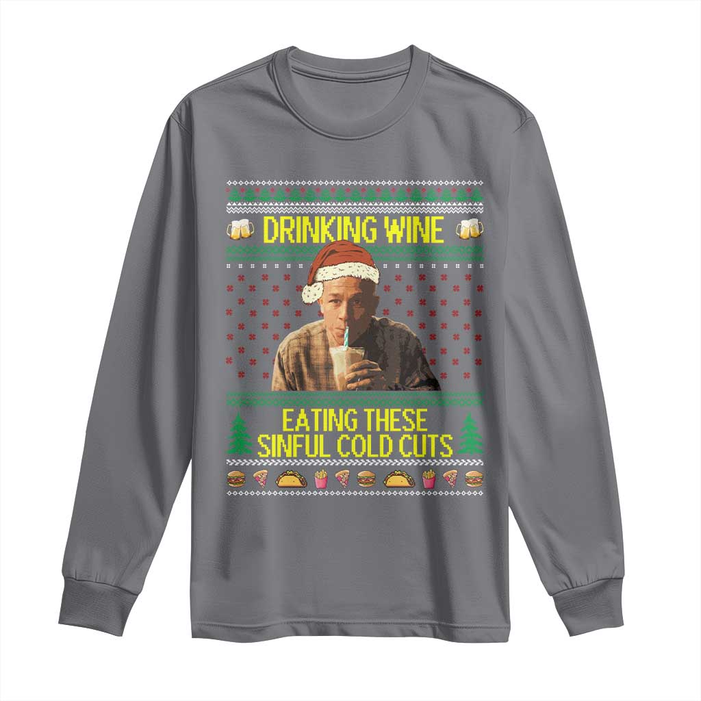 Funny Ed Gein Christmas Meme Long Sleeve Shirt Drinking Wine Eating This Sinful Cold Cuts Viral Scene - Wonder Print Shop