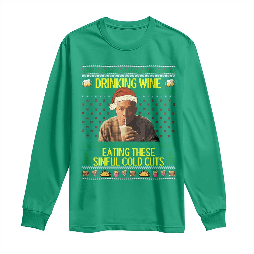 Funny Ed Gein Christmas Meme Long Sleeve Shirt Drinking Wine Eating This Sinful Cold Cuts Viral Scene - Wonder Print Shop