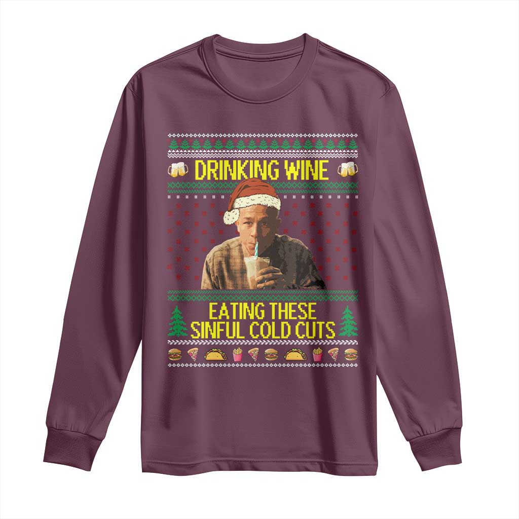 Funny Ed Gein Christmas Meme Long Sleeve Shirt Drinking Wine Eating This Sinful Cold Cuts Viral Scene - Wonder Print Shop
