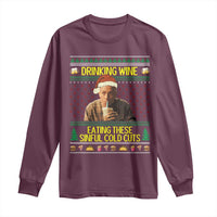 Funny Ed Gein Christmas Meme Long Sleeve Shirt Drinking Wine Eating This Sinful Cold Cuts Viral Scene - Wonder Print Shop