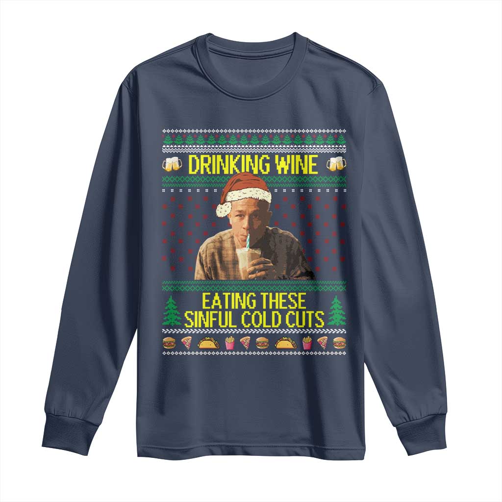 Funny Ed Gein Christmas Meme Long Sleeve Shirt Drinking Wine Eating This Sinful Cold Cuts Viral Scene - Wonder Print Shop