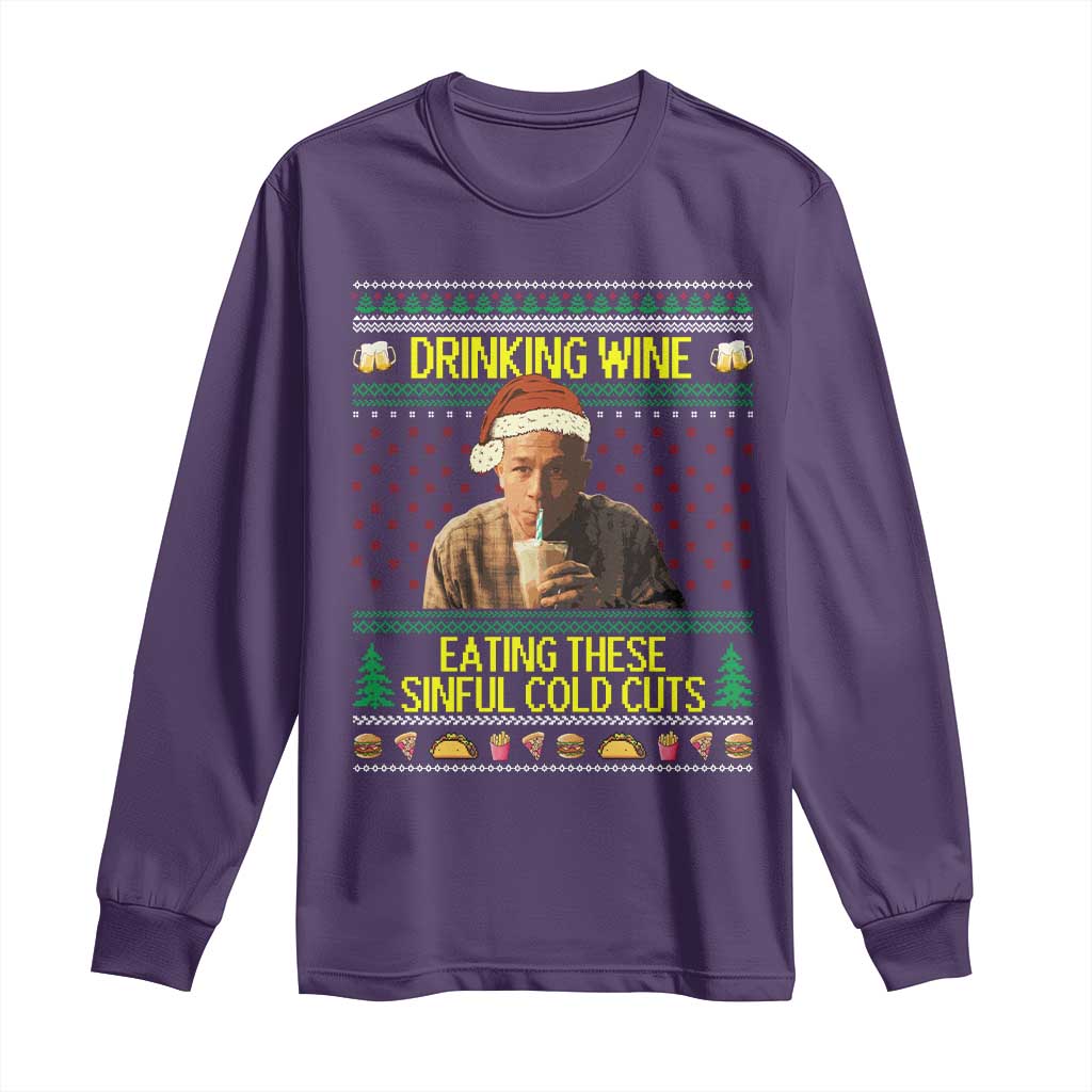 Funny Ed Gein Christmas Meme Long Sleeve Shirt Drinking Wine Eating This Sinful Cold Cuts Viral Scene - Wonder Print Shop