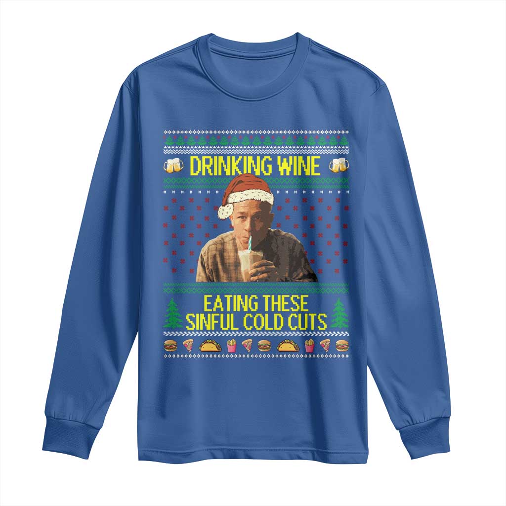 Funny Ed Gein Christmas Meme Long Sleeve Shirt Drinking Wine Eating This Sinful Cold Cuts Viral Scene - Wonder Print Shop