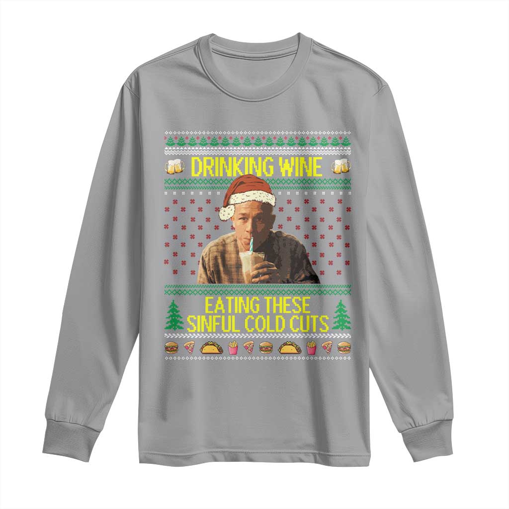 Funny Ed Gein Christmas Meme Long Sleeve Shirt Drinking Wine Eating This Sinful Cold Cuts Viral Scene - Wonder Print Shop