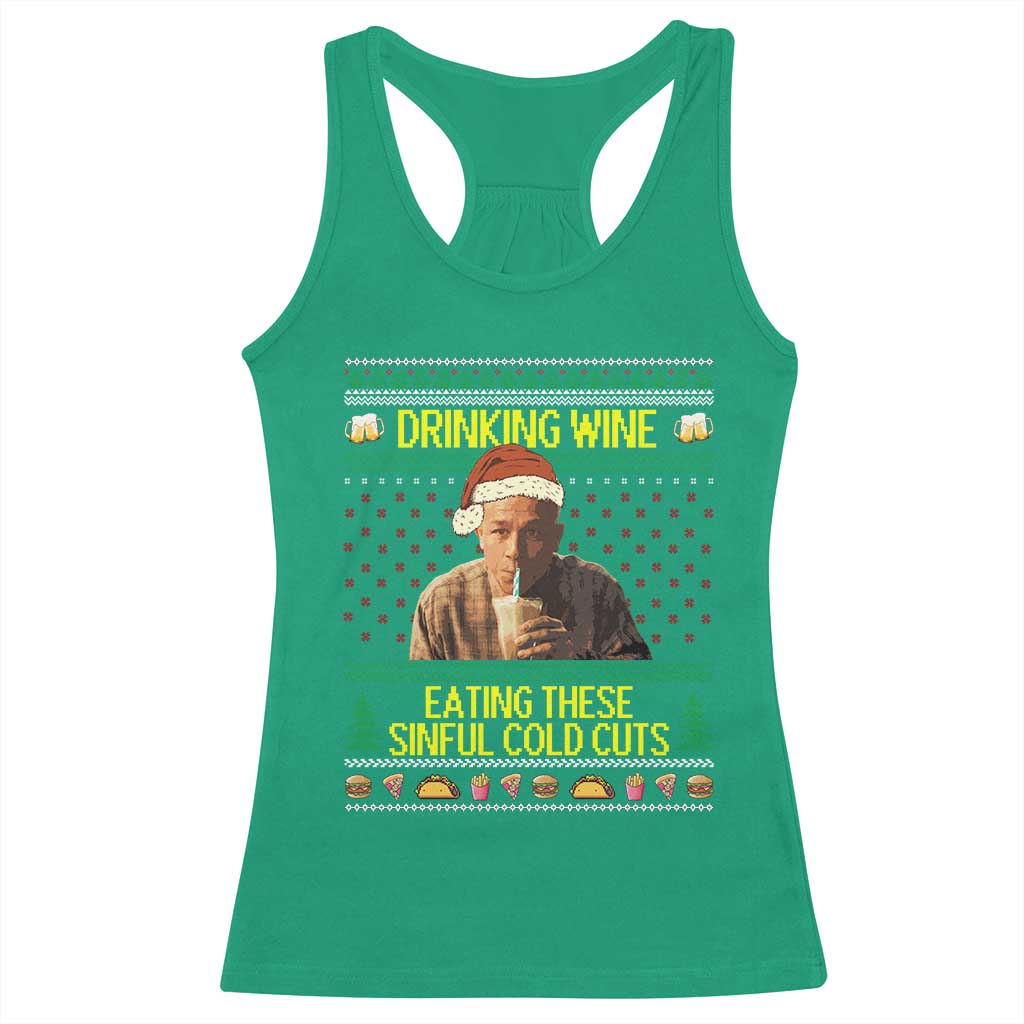 Funny Ed Gein Christmas Meme Racerback Tank Top Drinking Wine Eating This Sinful Cold Cuts Viral Scene - Wonder Print Shop