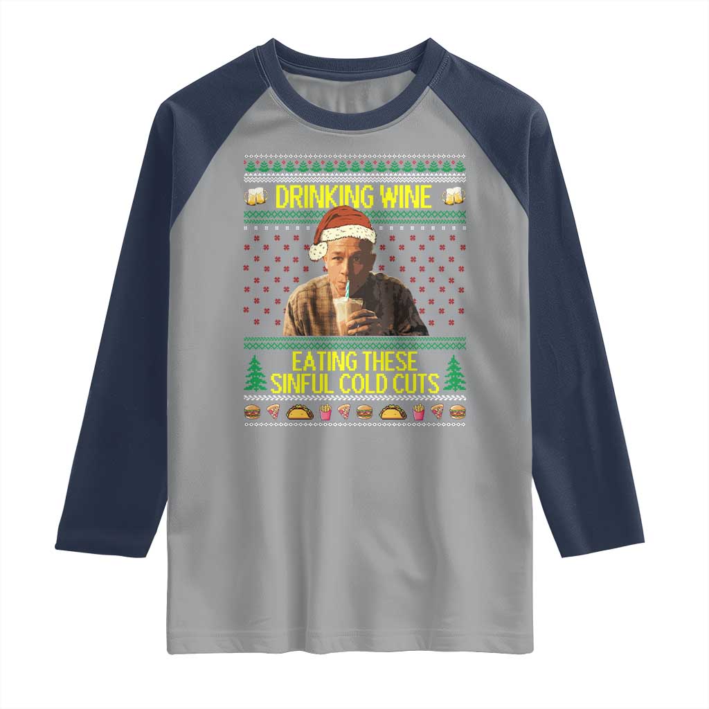 Funny Ed Gein Christmas Meme Raglan Shirt Drinking Wine Eating This Sinful Cold Cuts Viral Scene - Wonder Print Shop