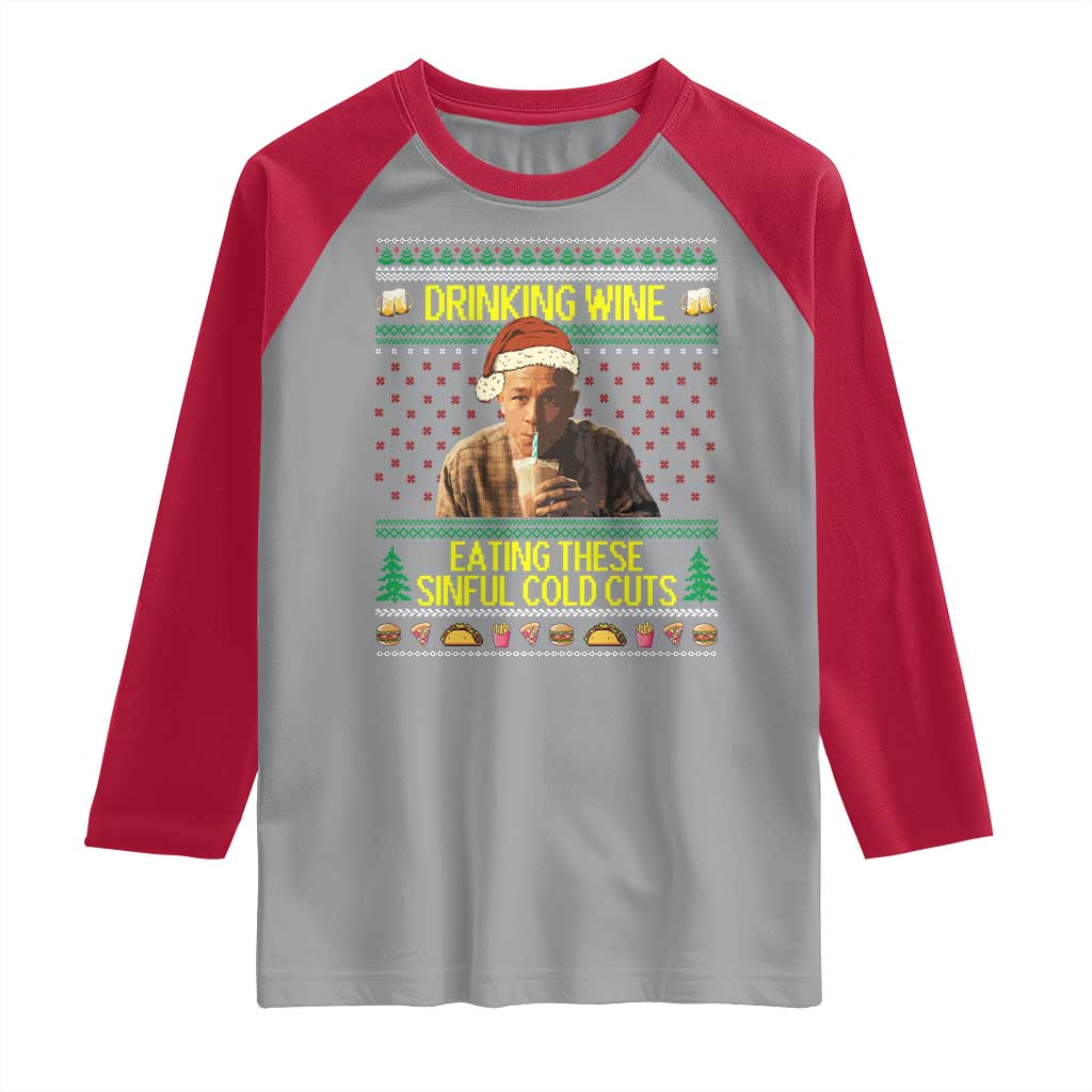 Funny Ed Gein Christmas Meme Raglan Shirt Drinking Wine Eating This Sinful Cold Cuts Viral Scene - Wonder Print Shop