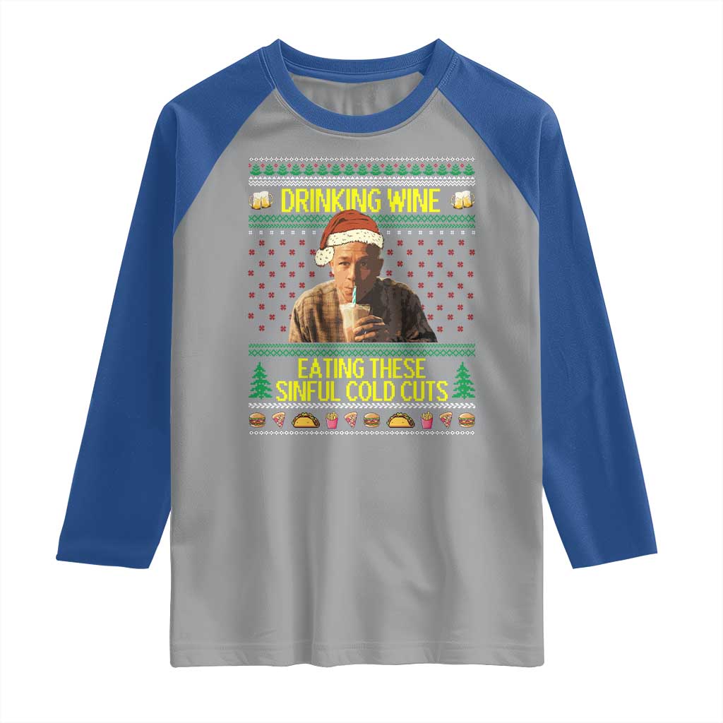 Funny Ed Gein Christmas Meme Raglan Shirt Drinking Wine Eating This Sinful Cold Cuts Viral Scene - Wonder Print Shop