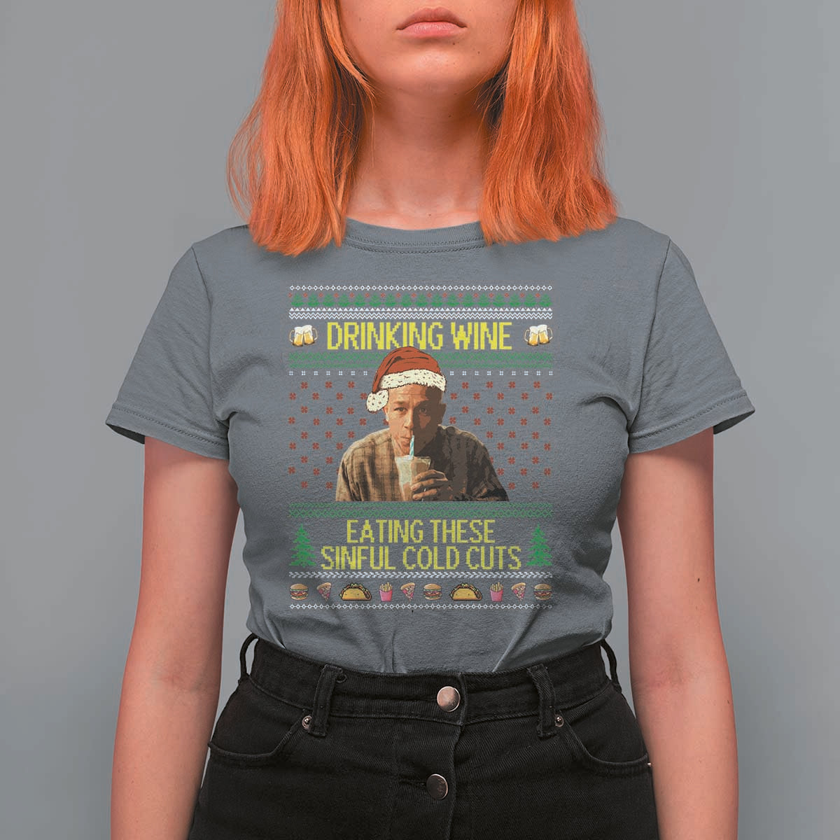 Funny Ed Gein Christmas Meme T Shirt For Women Drinking Wine Eating This Sinful Cold Cuts Viral Scene - Wonder Print Shop