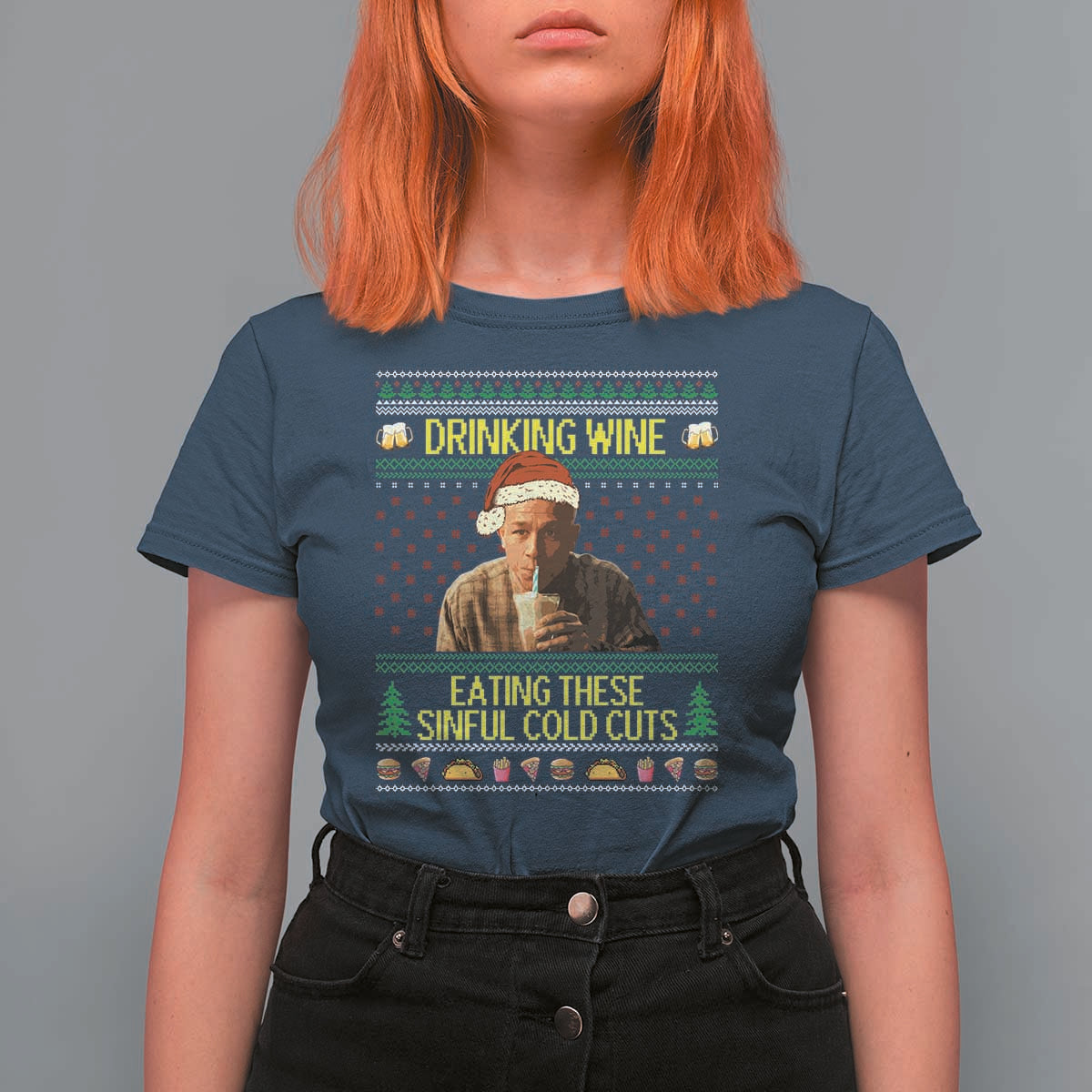 Funny Ed Gein Christmas Meme T Shirt For Women Drinking Wine Eating This Sinful Cold Cuts Viral Scene - Wonder Print Shop
