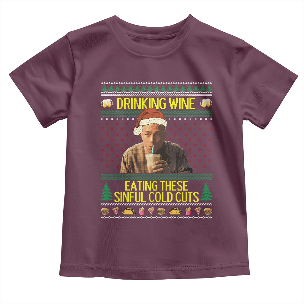Funny Ed Gein Christmas Meme Toddler T Shirt Drinking Wine Eating This Sinful Cold Cuts Viral Scene - Wonder Print Shop