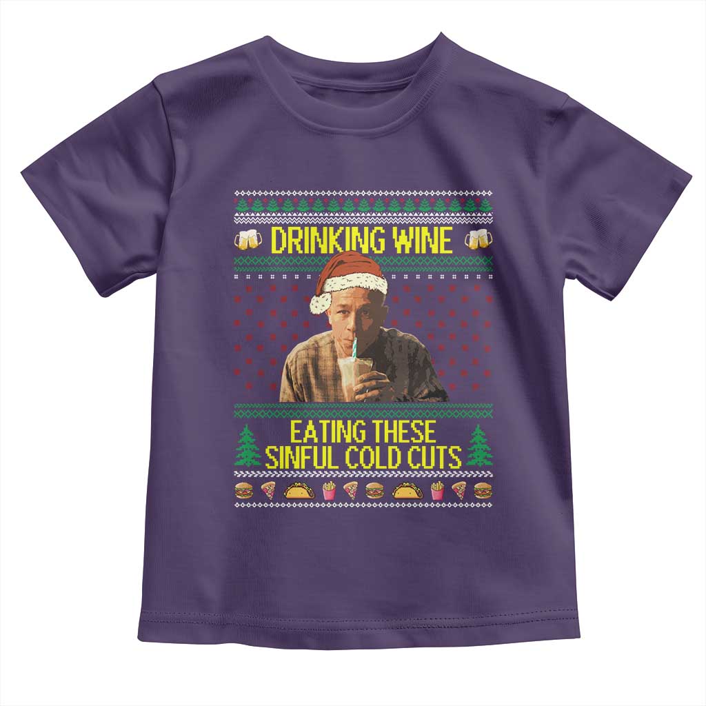 Funny Ed Gein Christmas Meme Toddler T Shirt Drinking Wine Eating This Sinful Cold Cuts Viral Scene - Wonder Print Shop
