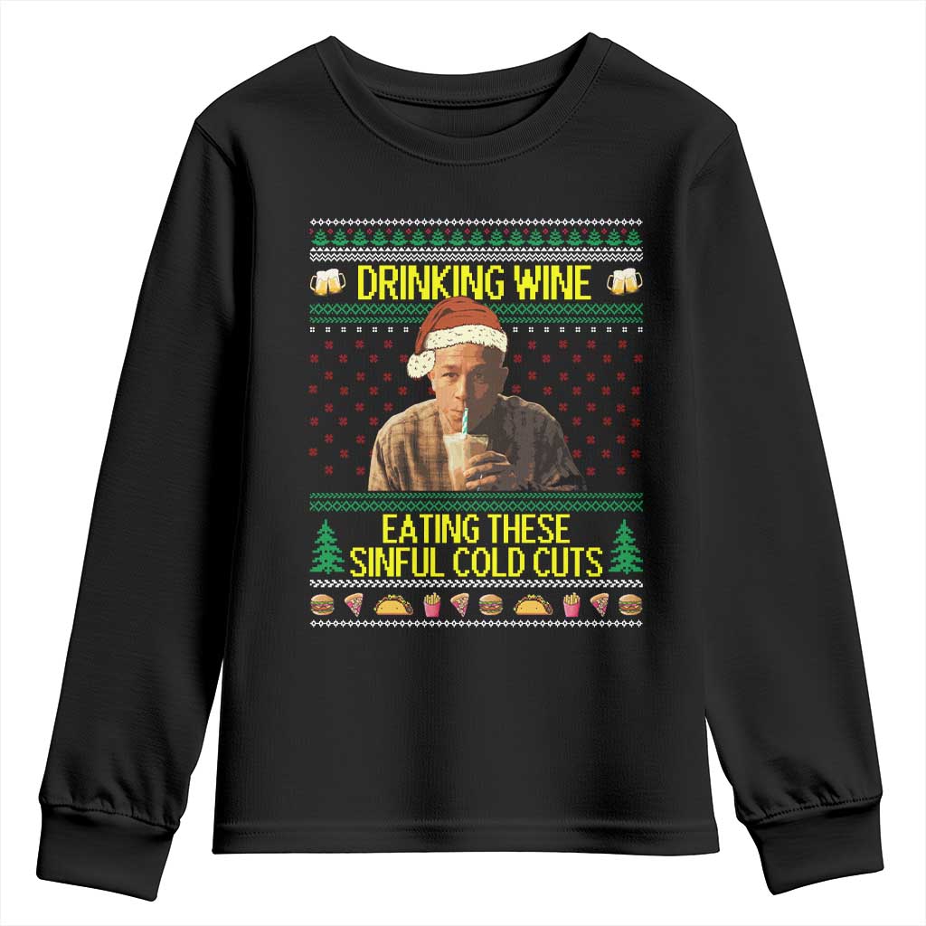 Funny Ed Gein Christmas Meme Youth Sweatshirt Drinking Wine Eating This Sinful Cold Cuts Viral Scene - Wonder Print Shop