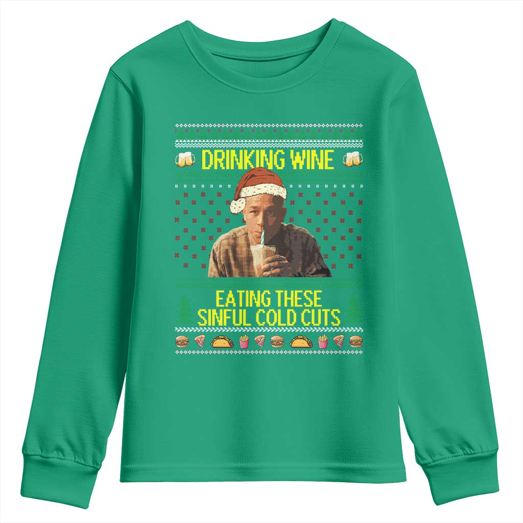 Funny Ed Gein Christmas Meme Youth Sweatshirt Drinking Wine Eating This Sinful Cold Cuts Viral Scene - Wonder Print Shop