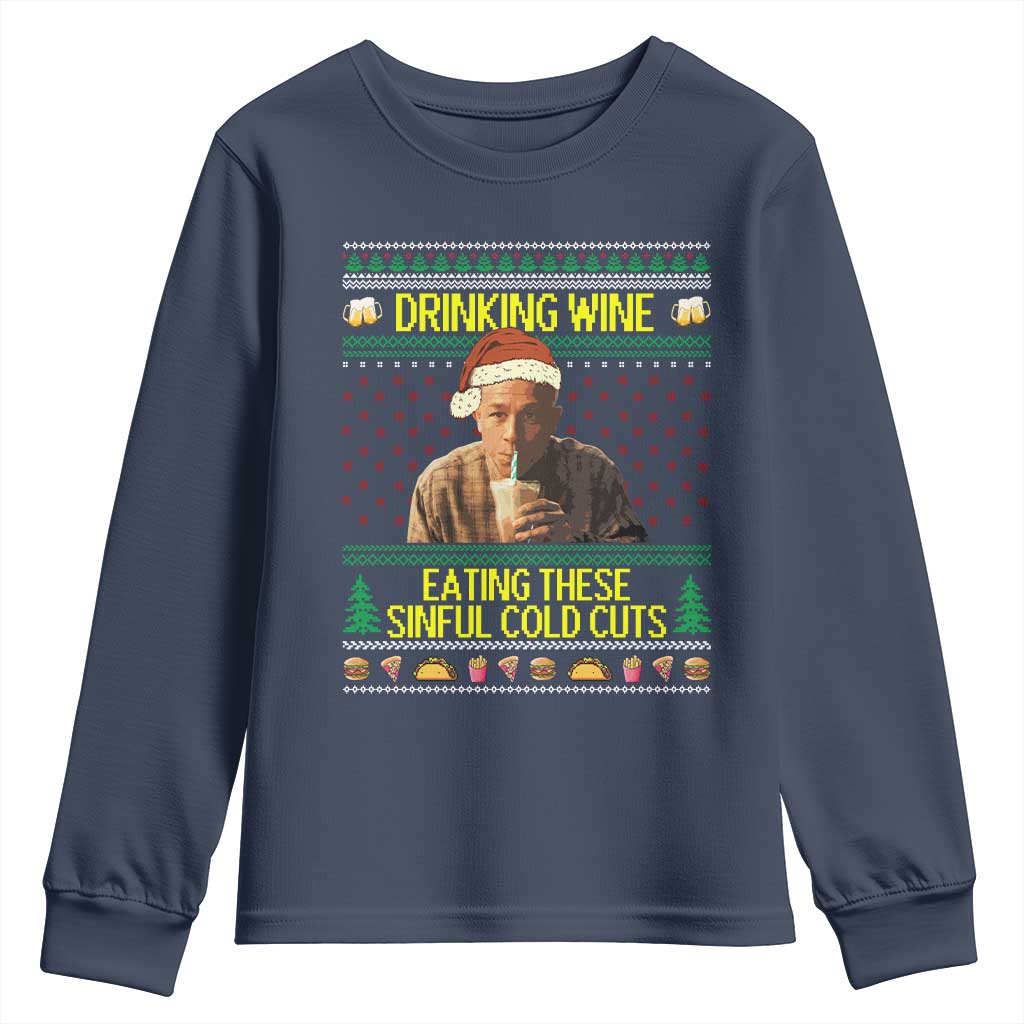 Funny Ed Gein Christmas Meme Youth Sweatshirt Drinking Wine Eating This Sinful Cold Cuts Viral Scene - Wonder Print Shop