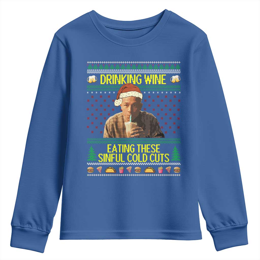 Funny Ed Gein Christmas Meme Youth Sweatshirt Drinking Wine Eating This Sinful Cold Cuts Viral Scene - Wonder Print Shop