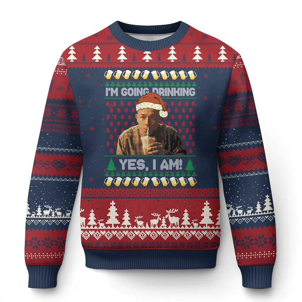 Funny Ed Gein Drinking Wine Ugly Christmas Sweater Im Going Drinking Yes I Am Christmas Meme - Wonder Print Shop
