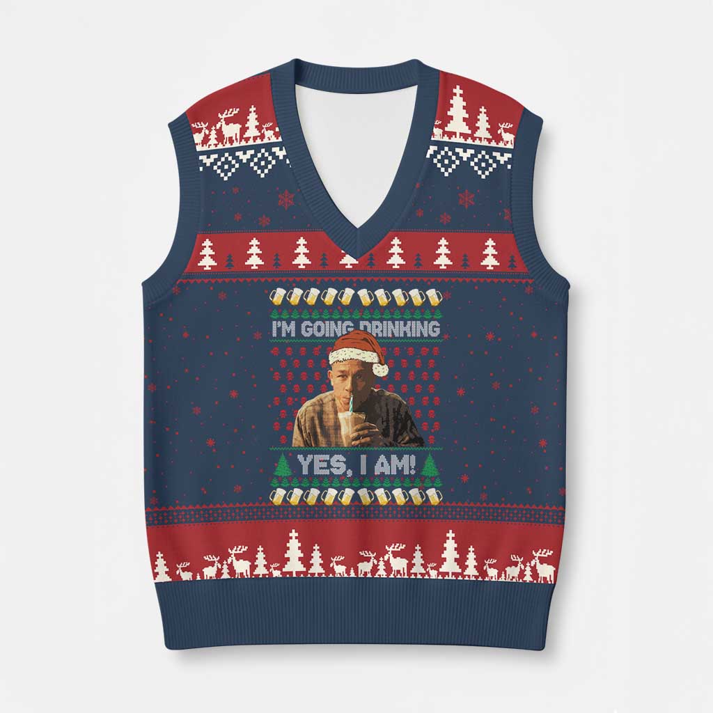 Funny Ed Gein Drinking Wine V-Neck Knit Sweater Vest Im Going Drinking Yes I Am Christmas Meme - Wonder Print Shop