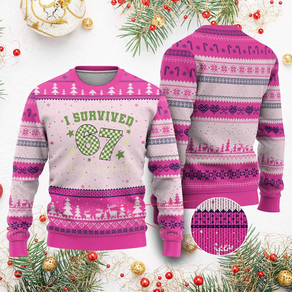 I Survived 67 Days of School Ugly Christmas Sweater Funny Six Seven Meme Students Teacher Celebration - Wonder Print Shop