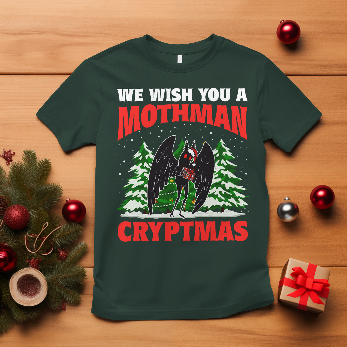 Mothman Christmas T Shirt We Wish You A Mothman Cryptmas Cryptid Cryptidcore - Wonder Print Shop