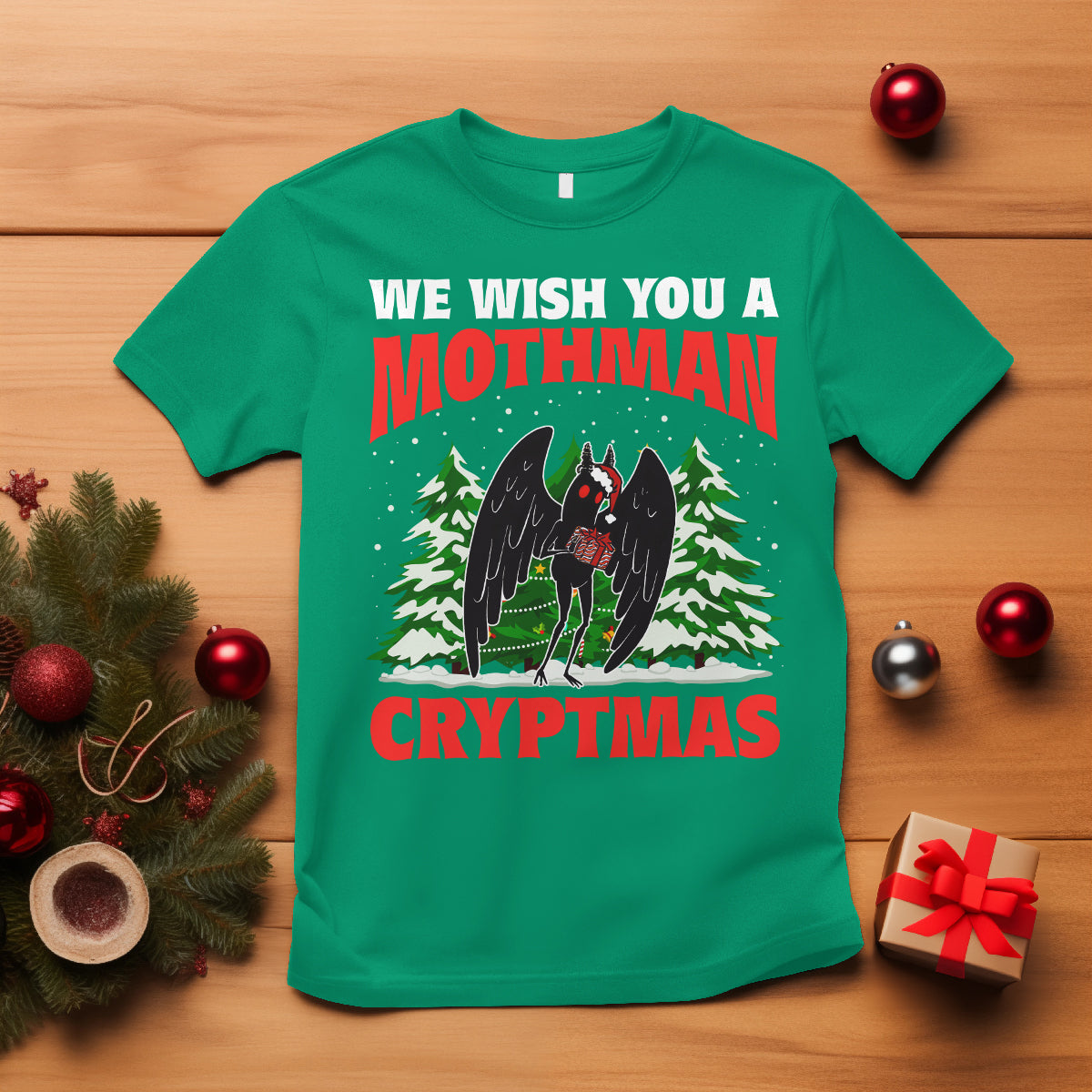Mothman Christmas T Shirt We Wish You A Mothman Cryptmas Cryptid Cryptidcore - Wonder Print Shop