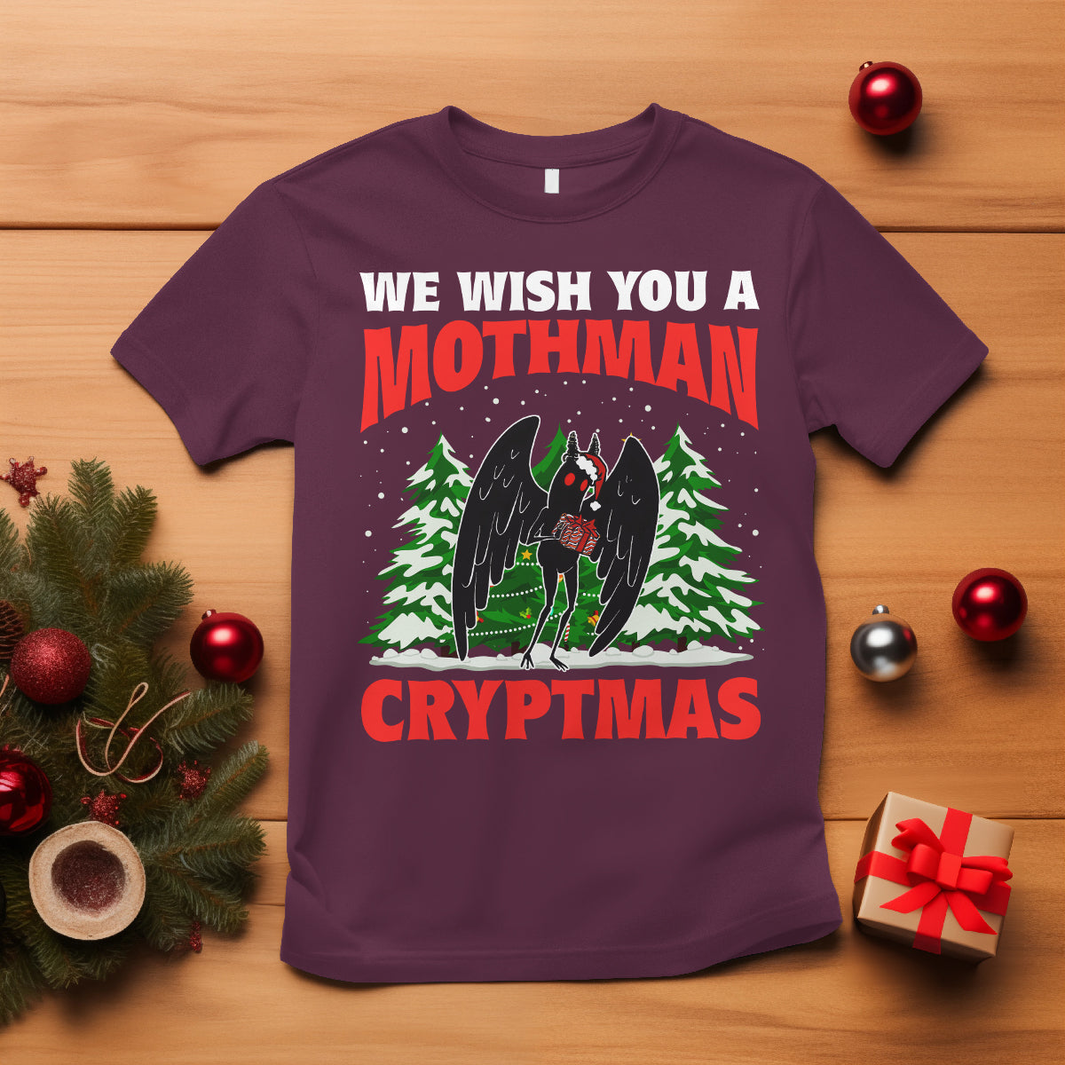 Mothman Christmas T Shirt We Wish You A Mothman Cryptmas Cryptid Cryptidcore - Wonder Print Shop