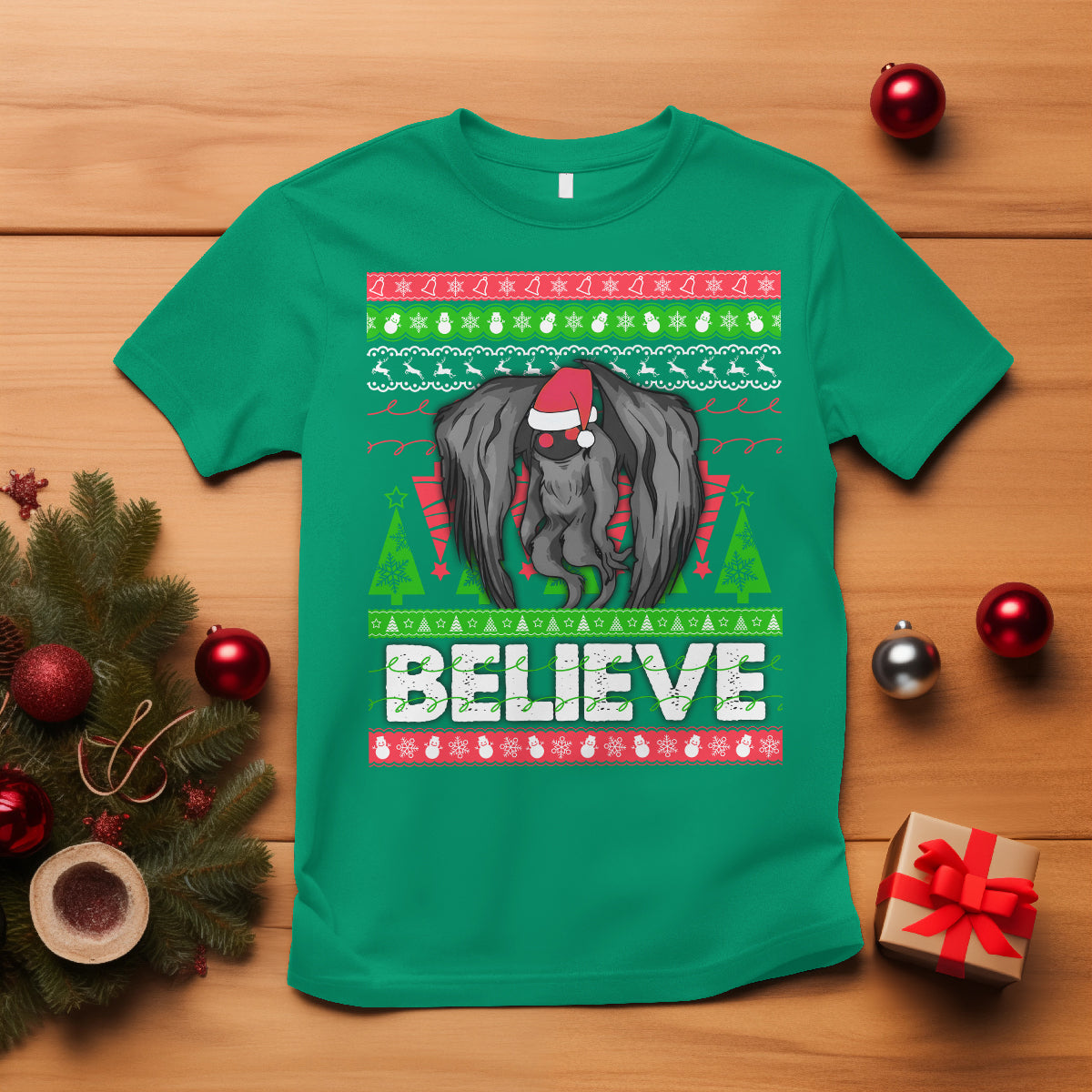 Mothman Christmas T Shirt Believe Cryptmas Cryptid Monster Point Pleasant - Wonder Print Shop