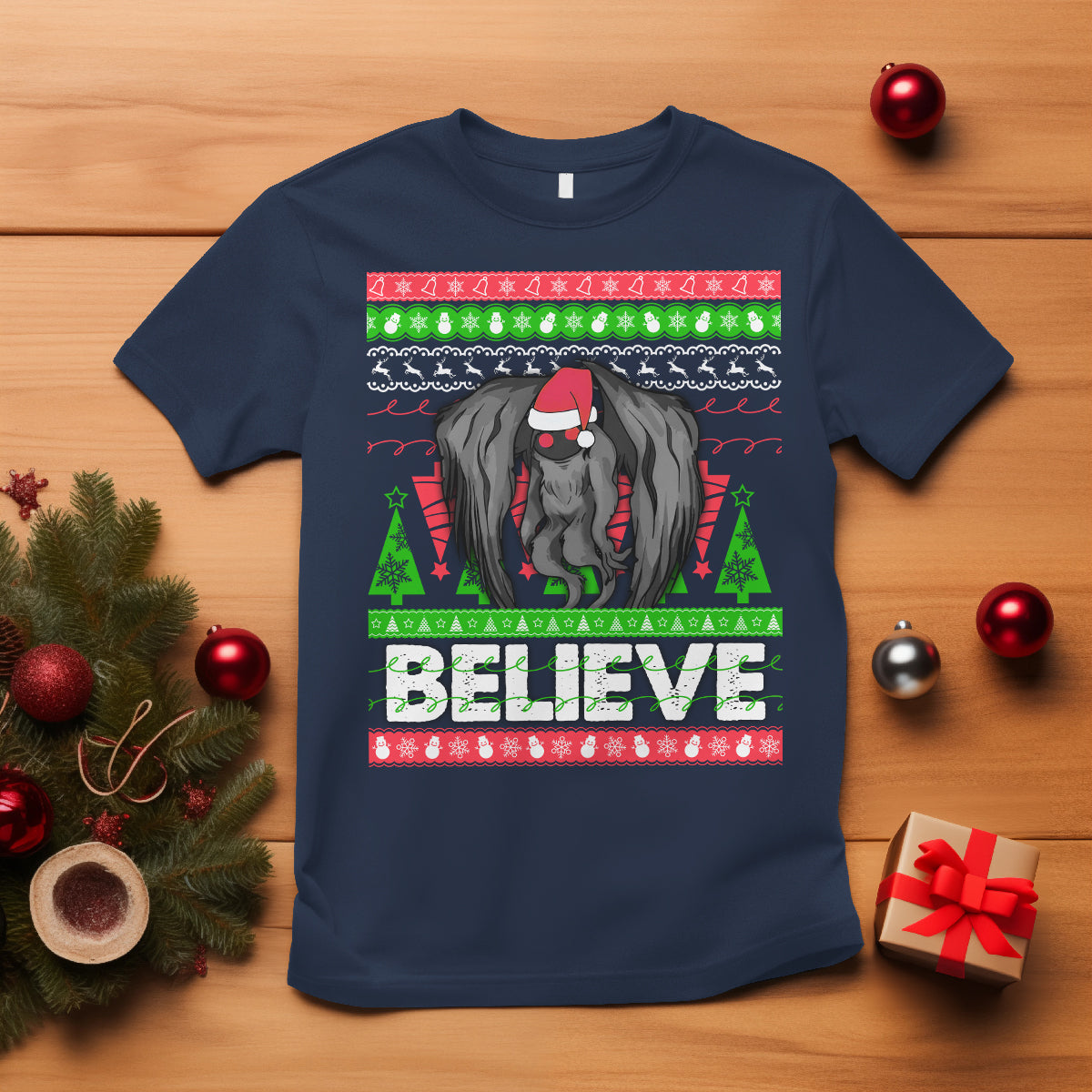Mothman Christmas T Shirt Believe Cryptmas Cryptid Monster Point Pleasant - Wonder Print Shop