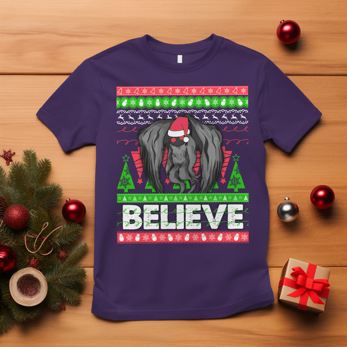 Mothman Christmas T Shirt Believe Cryptmas Cryptid Monster Point Pleasant - Wonder Print Shop