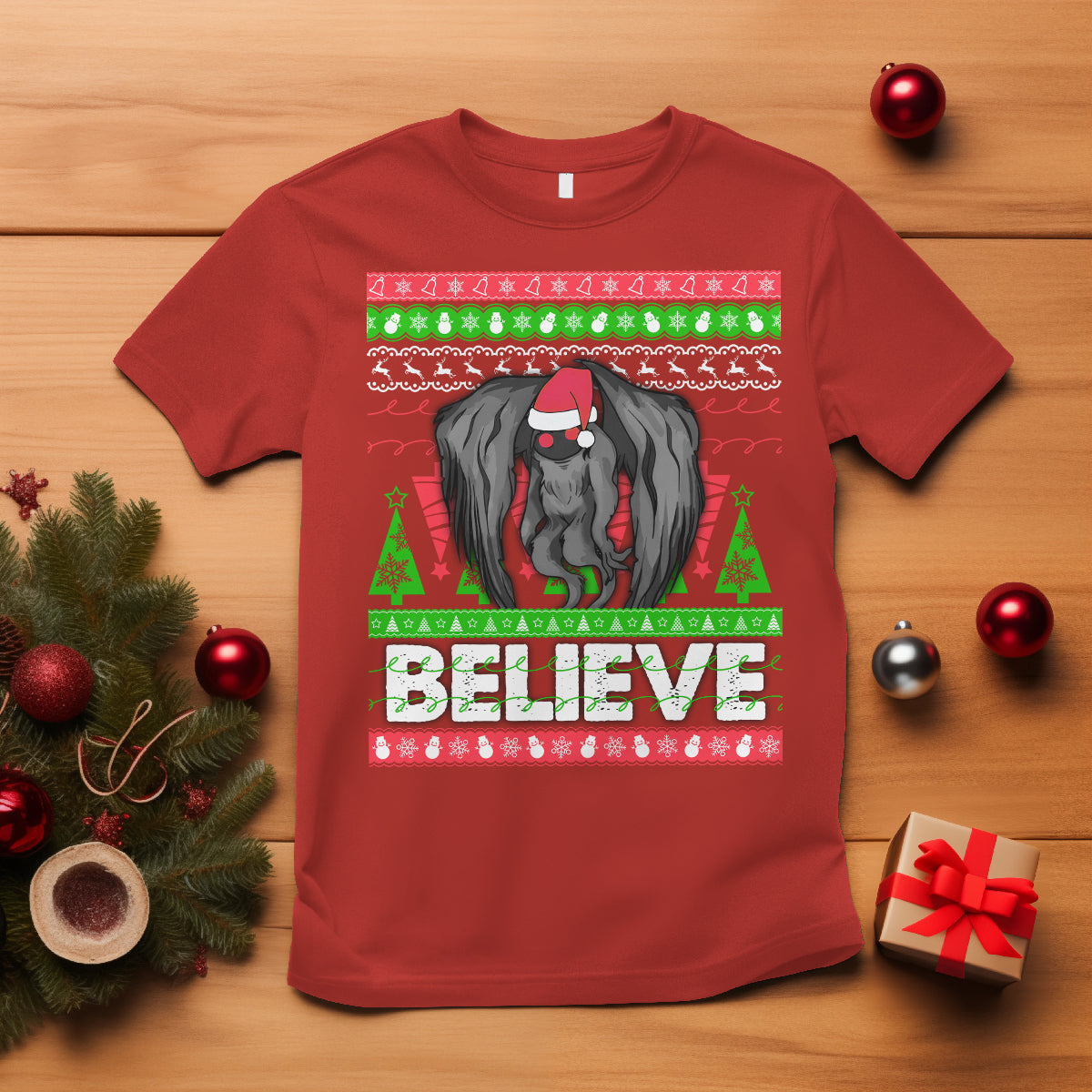 Mothman Christmas T Shirt Believe Cryptmas Cryptid Monster Point Pleasant - Wonder Print Shop
