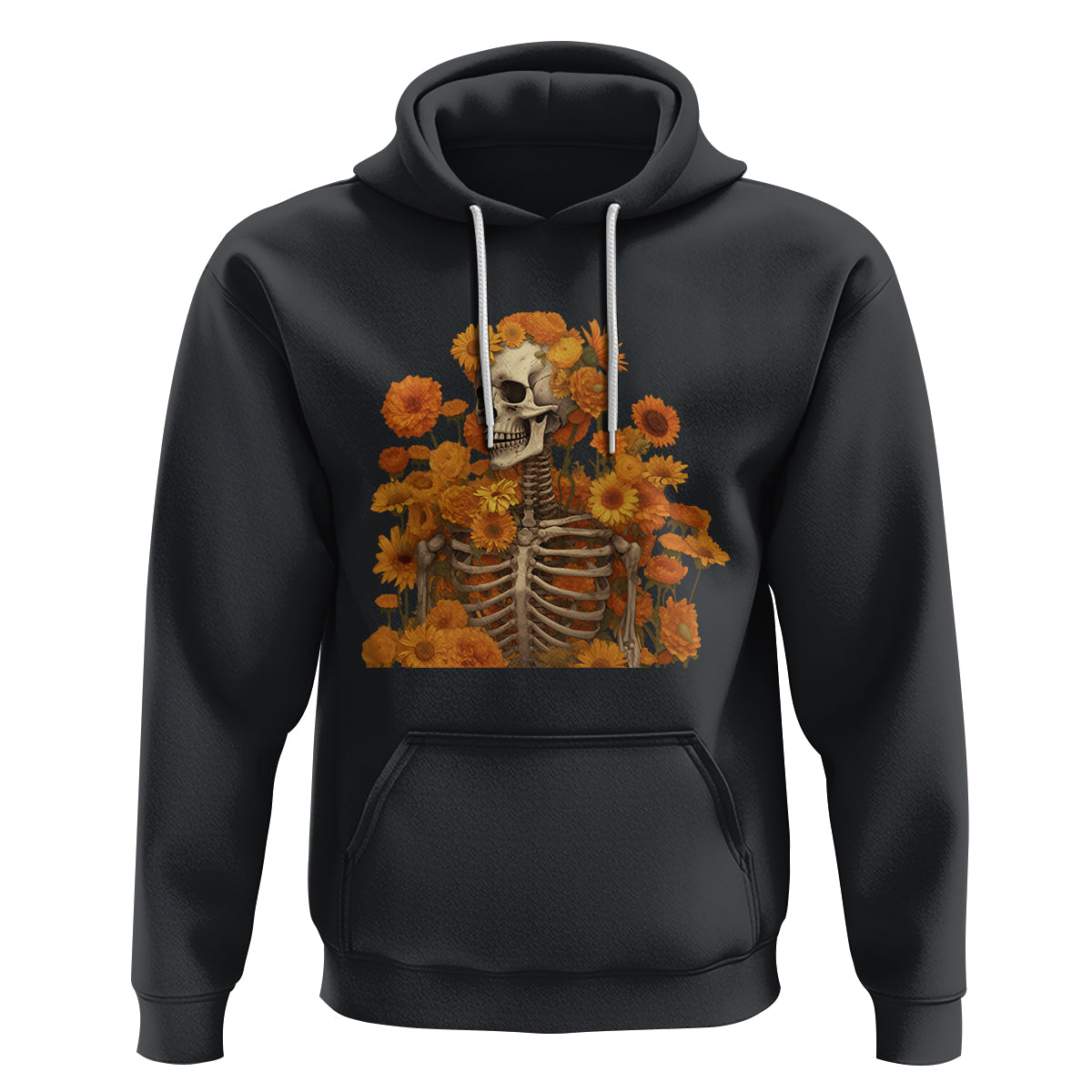 Floral Skeleton Hoodie Vintage Cottagecore Blooming Marigolds Sunflowers - Wonder Print Shop