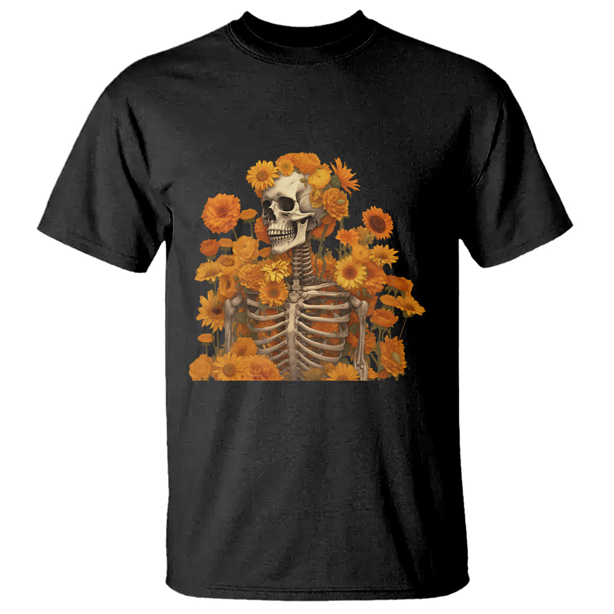 Floral Skeleton T Shirt Vintage Cottagecore Blooming Marigolds Sunflowers - Wonder Print Shop