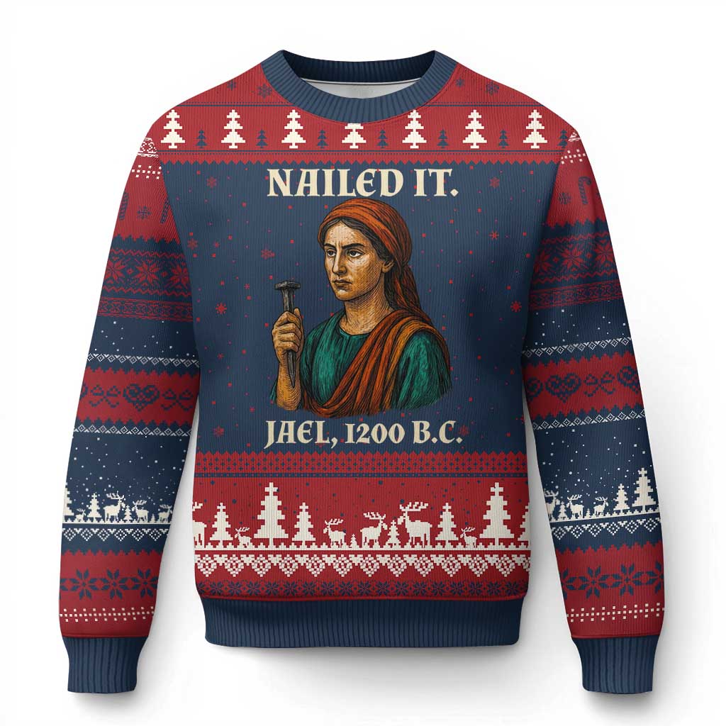 Funny Biblical Jael Nailed It Vintage Ugly Christmas Sweater Strong Woman Bible Story Dark Humor Meme