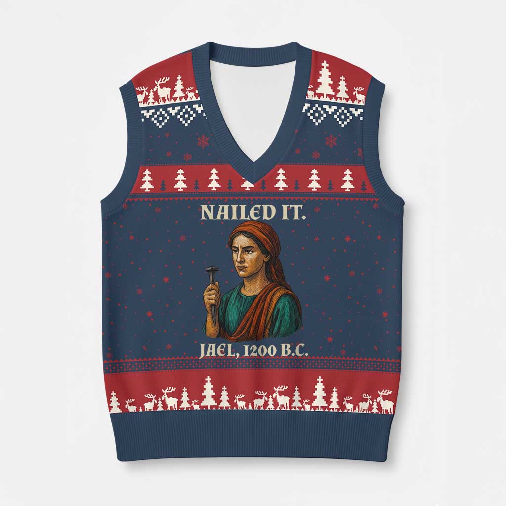 Funny Biblical Jael Nailed It Vintage V-Neck Knit Sweater Vest Strong Woman Bible Story Dark Humor Meme