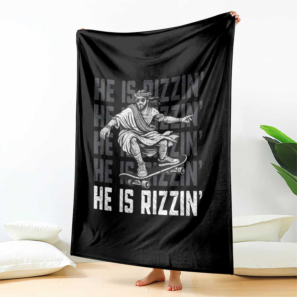 He Is Rizzin Funny Christian Easter Skateboarding Jesus Meme Throw Blanket Faith Humor Trendy Youth Gift